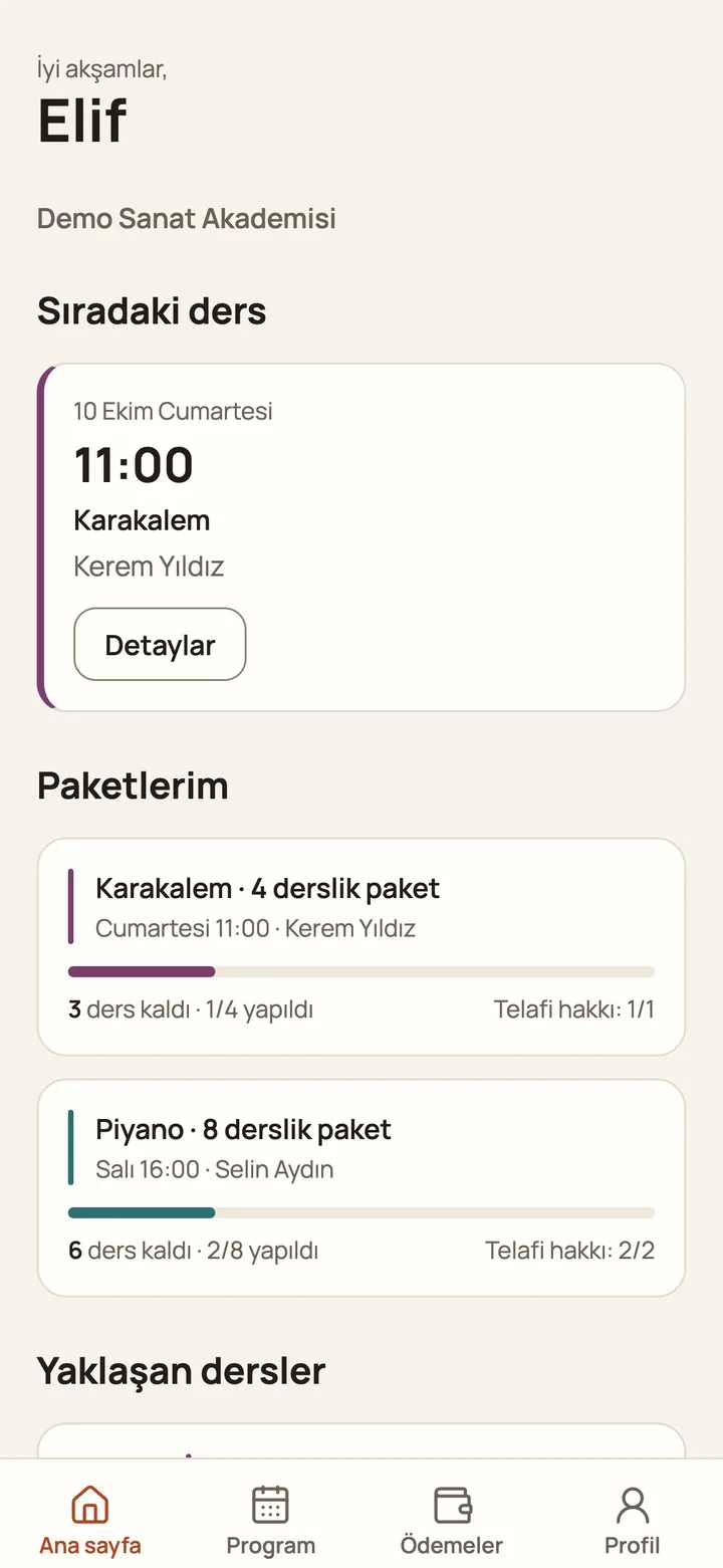 Öğrenci ana sayfası: sıradaki ders ve paket durumu